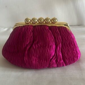 Fuchsia Ruched Satin Clutch with Gold Frame